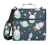 Space Rabbit Cute Alien Spaceship Little Stars 3 Ring Zipper Binder with Handle Shoulder Strap, 500 Sheet Capacity Multi-Pocket Storage Organizer Bag for School Office