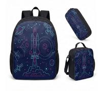 Space Rocket 17 Inch Backpack Set 3 Piece School Bag for Boys Kids UFO Planet Retro Graphic Print Bookbag Lunch Box (03)