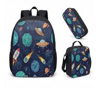 Space Rocket 17 Inch Backpack Set 3 Piece School Bag for Boys Kids UFO Planet Retro Graphic Print Bookbag Lunch Box (02)