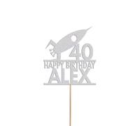 Space Rocket Cake Topper Personalised Birthday Cake Decoration Any Name & Age | Personalised Cake Topper with Custom Name & Age | Birthday Party Decoration | Silver