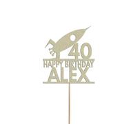 Space Rocket Cake Topper Personalised Birthday Cake Decoration Any Name & Age | Personalised Cake Topper with Custom Name & Age | Birthday Party Decoration | Pale Gold