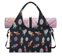 Space Rocket Cartoon Sports Duffle Bag with Shoe Compartment Spaceship Cartoon Weekend Overnight Bags Tote Cabin Luggage Bag for Gym Yoga Travel