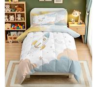 Space Rocket Double Duvet, Reversible Kids Cartoon Patterned Coverless Quilt & 2 Pillow Cases for Bedroom Decor, Soft Microfibre Duvet Set for Summer #b526