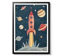 Space Rocket Illustration Print, Nursery Wall Art, Cute Space Themed Poster, Kids Room Decor, Galaxy and Stars Artwork, Blue Rocketship Print, Archival Matte, A5 (Framed) - 21x14.8cm