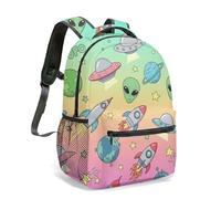 Space Rocket Print 16 Inch Backpack All Over Galaxy Planet Star Constellation Colorful Flat Illustration Travel Daypack Rucksack (04)