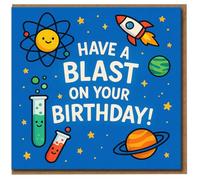 Space Rocket & Science Birthday Card - Have a Blast on Your Birthday - Fun Kids Planets and Stars Design - Cute Pun Greeting Card