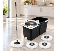 Black Space Saving 360° Rotating Dual Spin Dry Mop & Bucket 3 Microfibre Heads