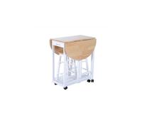 Space-Saving Folding Kitchen Table & 2 Stools Drop-Leaf 3-Piece Set on Wheels Pine Wood