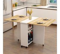 Space-Saving Mobile Folding Dining Table with 6 Wheels Extendable Drop Leaf Design and 2 Open Storage Shelves - Versatile Gateleg Table for Work Study and Dining (Wood & White)