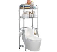 Space-Saving Over The Toilet Storage Shelf with Toilet Paper Holder & 4 Hooks Multi-Functional Freestanding Bathroom Rack - Silver Finish Perfect for Small Bathrooms