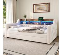 Space-Saving Sofa Bed with Adjustable LED Lighting and USB-C Port, Bed Frame with Built-in Storage Shelf, 201L x 107W x 75H cm, Beige Aosom UK