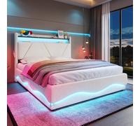 Space-Saving Upholstered Bed with Under-Bed Storage, Modern Bed Frame with Soft Velvet Fabric, 159L x 221W x 115.5H cm, Beige Aosom UK