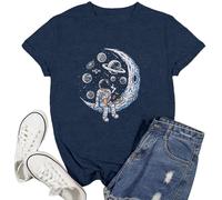 Space Shirts for Women NASA Shirt Moon Graphic Tees Astronaut Print T Shirt Space Fan Gift Shirt Short Sleeve Tee Tops, Blue, S
