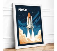 Space Shuttle Launch Retro Framed Wall Art Print A2 White