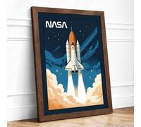 Space Shuttle Launch Retro Framed Wall Art Print A3 Walnut