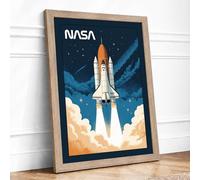 Space Shuttle Launch Retro Framed Wall Art Print A4 Oak