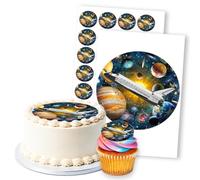 Space Shuttle & Planets Cosmic Scene, 1 Round 8" & 24 2" Edible Toppers Set | Matching pieces for cake and cupcakes, creates a coordinated celebration display