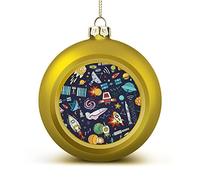Space Solar System Moon, Astronaut, Planet, Rocket, Earth, Universe 2 PCs Shatterproof Christmas Ball, Yellow Round Hanging Plastic Ornament Keepsake, Large Bauble with String for Xmas Tree Holidays