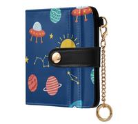 Space Spaceship Blue Pattern Small Women Wallet PU Leather RFID Blocking Bifold Compact Card Holder with Coin Pocket Zipper Purse for Ladies Girls Women