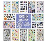 Space Stickers for Children to Decorate Scrapbook Craft - Over 350 Self Adhesive Paper Stickers 14 Designs - Party Bag Fillers For Kids, Teacher Classroom Reward Supplies - Astronaut, Rocket, Planet
