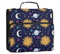 Space Sun Moon Black Pattern 3 Ring Zipper Binder with Shoulder Strap Handle 1.5 inch Ring Binders Keeper 500 Sheets Capacity Storage Organizer for School Office Supplies