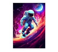 Space Surfing Space Poster, Colourful Abstract Astronomy Wall Art Home Decor, Astronaut Planets Print, Archival Matte, A4 (Print Only) - 29.7x21cm