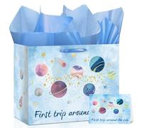 Space Theme 1st Birthday Gift Bag for Kids First Trip Around the Sun Gift Bag with Tissue Paper and Card Blue Planet Astronaut Birthday Wrapping Bag with Ribbon Handles for Boys Girls One Year Old