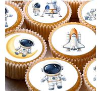 Space Theme Pre-cut Edible Wafer Cupcake Toppers, Astronaut, Rocket, Mars Rover and Alien Designs, Cake Decorations x 24