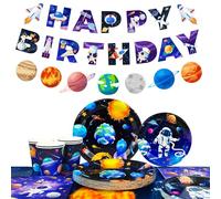 Space Theme Tableware, 105Pcs Outer Space Birthday Party Supplies - Plates Napkins Tablecloth Banner Garland etc Outer Space Tableware for Space Birthday Decorations & Space Party Decorations