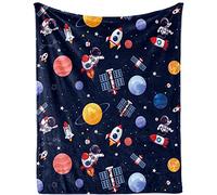 Space Theme Throw Blanket for Boys, Cozy Outer Space Rocket Planet Fluffy Flannel Blanket Gift for Kids, 100 x 130 cm Soft Warm Navy Blue Astronaut Galaxy Planet Blanket for Toddler Sofa Bed Couch