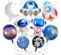 Space Themed Balloons Birthday Decorations - 9 Pieces Outer Party Decoration Set with 3D Spaceship, Large Cute Astronaut Rocket and 4D Earth Foil Balloon for Happy Birthday Party Supplies
