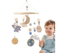 Space-Themed Crib Mobile, 360° Rotating Wooden Wind Chime, 9.8 x 15.7 Inch Nursery Decor, Eco Friendly Felt Natural Wood Gear, Navy Grey Palette, Tool for Sleep Visual Tracking