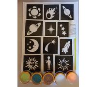 Space themed glitter tattoo set including 30 stencils + 5 glitter colours planet UFO stars Saturn moon sun alien comet