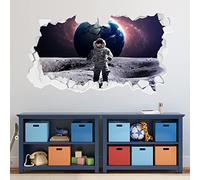 Space Wall Sticker - Astronaut on Moon with Earth Behind Broken Wall Decal Art (90cm Width x 50cm Height)