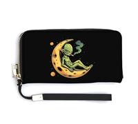 Space Weed Smoking Moon Alien Womens Wristlet Wallet Leather Long Purse Card Holder Clutch Handbag
