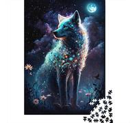 Space Wolf And Flowers Puzzle Brain Teaser Paper Rectangular Jigsaw Puzzle for Adults Teen 300pcs (40x28cm)
