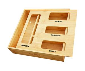 SpaceAid Bag Storage Organizer for Kitchen Drawer, Bamboo Organizer, Compatible with Gallon, Quart, Sandwich and Snack Variety Size Bag (1 Box 4 Slots) (DJZH-1BOX-4CELL)