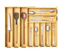 SpaceAid Bamboo Silverware Drawer Organizer with Labels, Kitchen Utensil Expandable Tray Holder Organizer for Flatware, Cutlery, Spoon and Knives Drawer Storage Organization (Natural, 10 Slots)