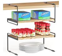 SpaceAid Cabinet Shelf Organizers 2 Pack, Kitchen Counter Organizer Rack Under Shelves Riser, Pantry Cupboard Storage Organization, Metal and Wood, Black and Natural, 16" Wide