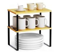 SpaceAid Cabinet Shelf Organizers 2 Pack, Kitchen Counter Rack Shelves Riser, Stackable Expandable Spice Rack, Pantry Cupboard Storage Organization (Bamboo and Black, Short)