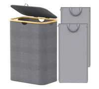 SpaceAid Double Laundry Hamper 2 Section with Lid and Removable Laundry Bags, 160L Clothes Basket with Bamboo Handles, Large Collapsible Hamper for Bedroom, Bathroom, Dorm, Laundry Room - Grey