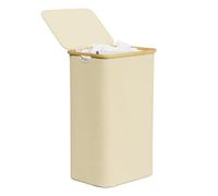 SpaceAid Laundry Hamper with Lid, 110L Large Tall Clothes Basket Bin with Bamboo Handles, Collapsible Laundry Hamper for Bedroom, Bathroom, Dorm, Laundry Room - Beige