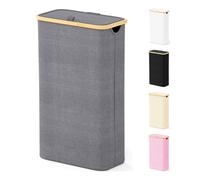 SpaceAid Slim Laundry Hamper with Lid, 65L Narrow Clothes Basket Bin with Bamboo Handles, Skinny Tall Collapsible Hamper for Bedroom, Bathroom, Dorm, Laundry Room - Grey