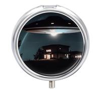 Spacecraft at Night Pill Box 3 Compartment Travel Pill Organizer 3 Times A Day Cute Mini Pill Case for Purse & Pocket Portable Metal Medicine Box with Mirror Round Daily Medicine Vitamin Container