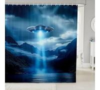 Spacecraft Bath Curtains,3D Modern Spaceship Outer Space Alien Waterproof Shower Curtain,Natural Lake Dark Clouds Sky Trippy Bathroom Decor Curtain with 12 Hooks,84" Long