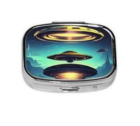 Spacecraft Descend Square Pill Box with Full Print Design - Portable Metal Travel Case for Vitamins & Medication, 2.2x1.6x0.7 Inch.
