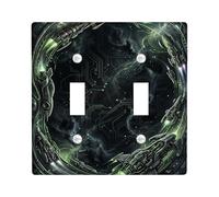Spacecraft Double Light Switch Cover Plate, Futuristic Sci-Fi Circuit Galaxy Black Plastic Standard Size Switch Plate Decorative for Home Living Room New Apartment Decor