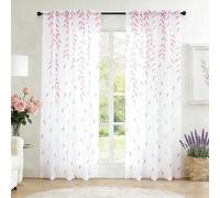 SpaceDresser Sheer Curtains 63 Inches Long, 2 Panels Embroidered Wicker Patterned Sheer Curtain, Rod Pocket Spring Voile Drapes for Living Room, Bedroom(W52 x L63 Inch, Pink)