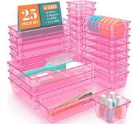 SpaceHacks 25 PCS Plastic Drawer Organizer Set, 4-Size Versatile Organizer Trays & Storage Bins for Makeup, Jewelry, and Gadgets in Bathroom, Bedroom and Office, Clear Pink