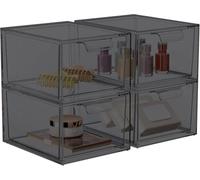 SpaceHacks 4 Pack Stackable Makeup Organizer and Storage, Acrylic Organizers，Clear Plastic Storage Drawer with Pull-Out Handles for Vanity, Undersink, Kitchen Cabinets, Pantry, Black